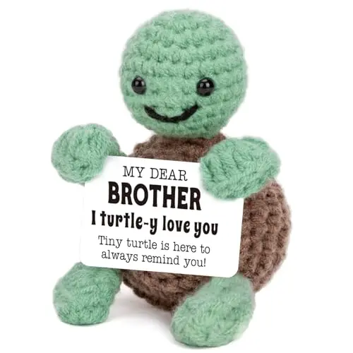 Small handmade crochet turtle doll with a love note card