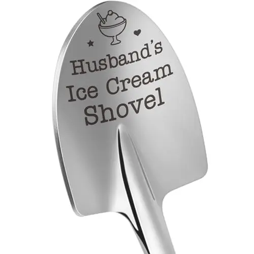 Stainless steel ice cream spoon engraved with 'Husband's Ice Cream Shovel' text