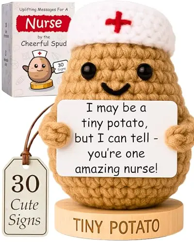 Handmade crochet potato nurse figurine with magnetic signs on a desk