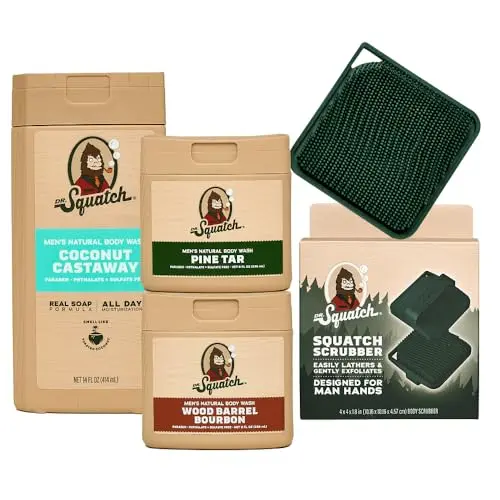 Dr. Squatch Body Wash bundle with multiple scents and a scrubber