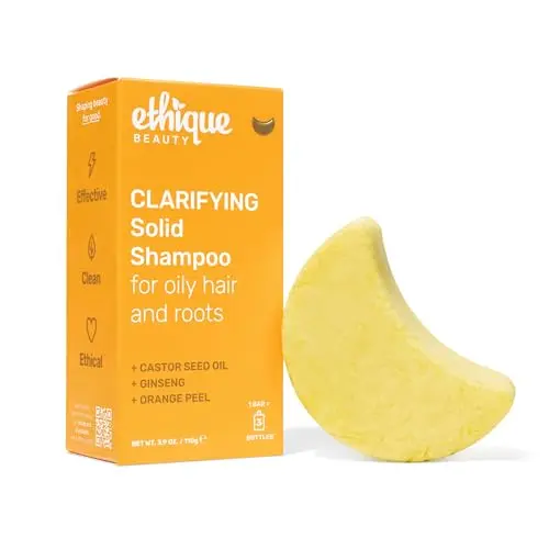 Ethique Clarifying Shampoo Bar in its plastic-free packaging