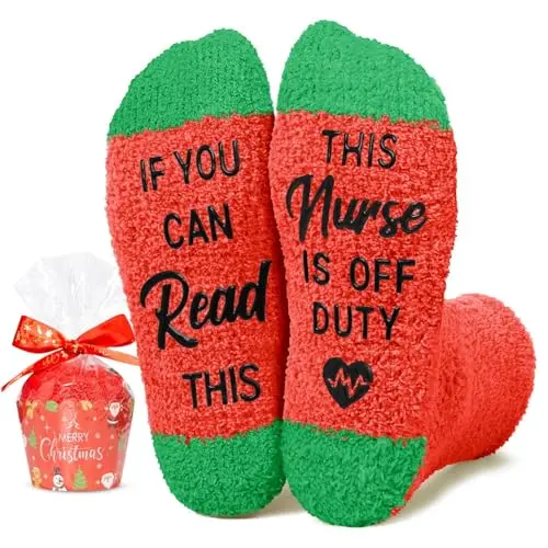 Pair of fuzzy pink socks with the text 'If you can read this, this nurse is off duty'