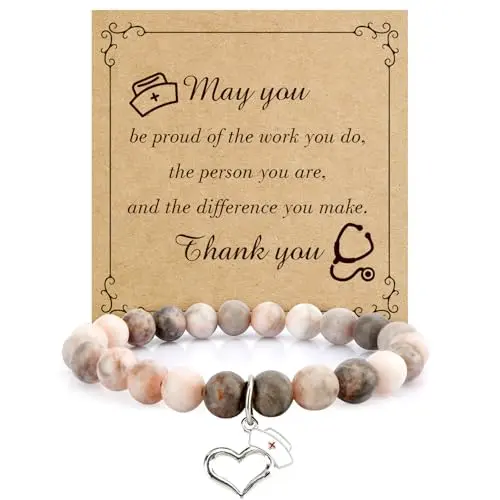 Beaded elastic bracelet with nurse-themed charms and a small card