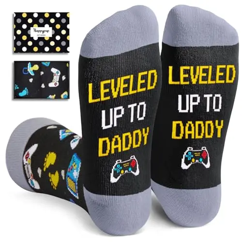 HAPPYPOP black novelty socks for new dads with baby footprints and pacifier pattern