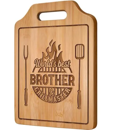 Bamboo cutting board engraved with World's Best Brother & Grillmaster text