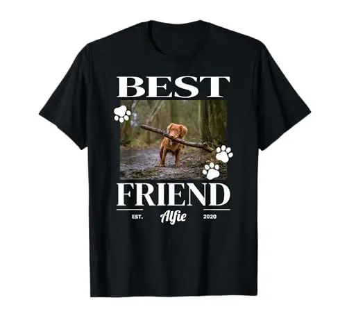 Customizable t-shirt featuring a user-uploaded photo of a dog or cat with a pet's name