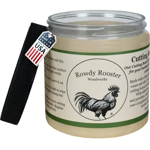 Rowdy Rooster cutting board gel with mineral oil and beeswax in a jar