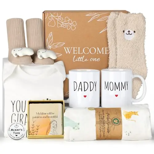 KJTAO animal-themed new parents gift basket with mugs, blanket, onesie, and affirmation cards