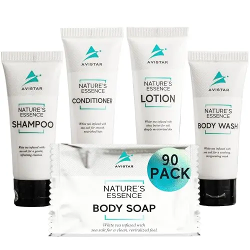 Avistar 90-piece bulk toiletries set including shampoo, conditioner, body wash, lotion, and soap bars