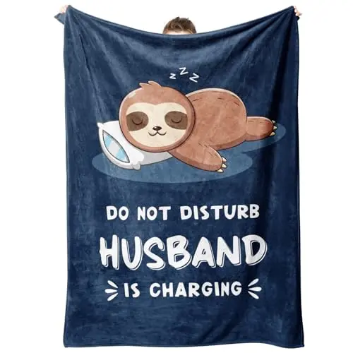 Leebbsin blue flannel throw blanket with funny sloth and 'Husband is Charging' design