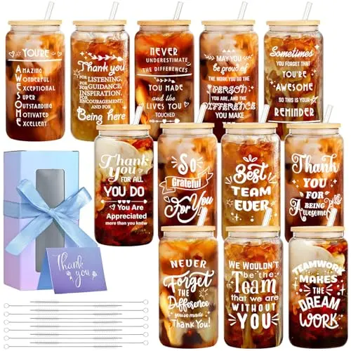 OLSUNOR 12 set of can-shaped glass cups with lids, gift boxes, and thank you cards