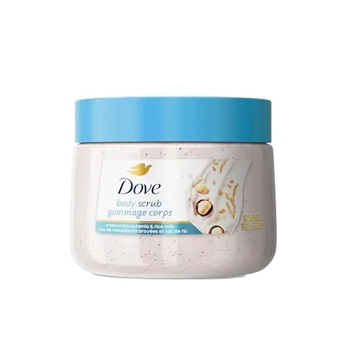 Dove Macadamia Rice Milk Body Scrub in a white and pink jar