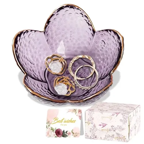 Binoster clear purple glass flower-shaped jewelry dish with rings inside