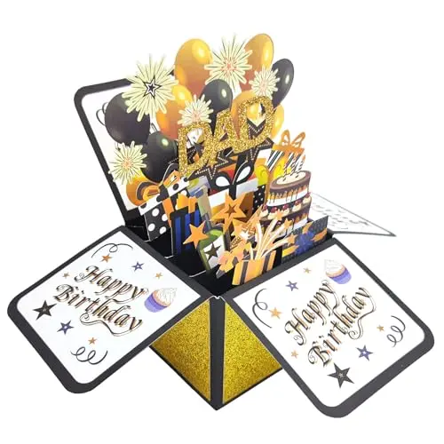 Asmallgf black and gold 3D 'Happy Birthday Dad' pop-up card standing open.