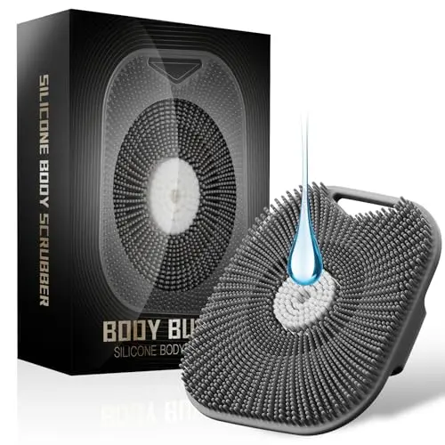 Gray Kpyphm silicone body scrubber for men with a textured handle and central bristles.