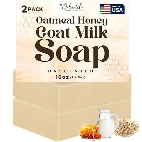 Erbaid Natural Oatmeal & Honey Goat Milk Soap Bar on a wooden dish
