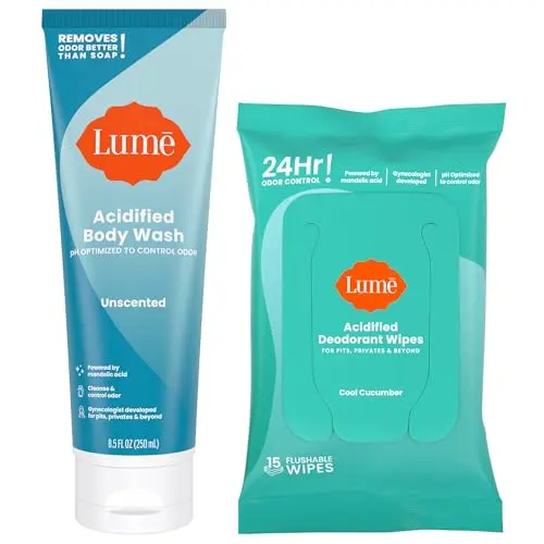 Lume Acidified Body Wash and flushable deodorant wipes bundle