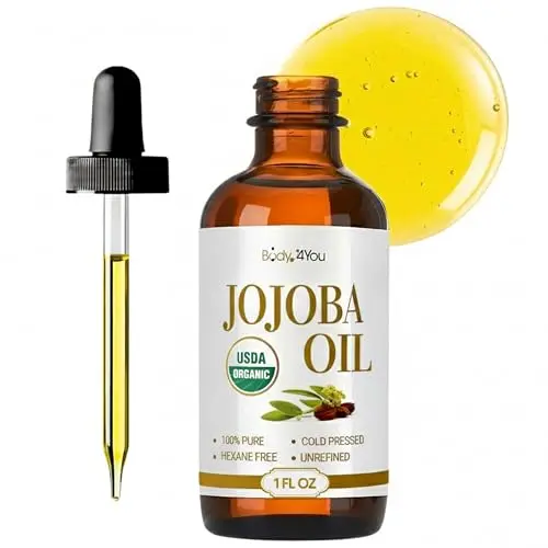 BodyJ4You Organic Jojoba Oil in small amber glass bottle with dropper