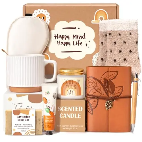 Suhctuptx gift basket for women containing mug, socks, candle, journal, soap, and more