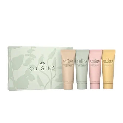 Origins hand cream gift set with four travel-sized tubes in signature scents