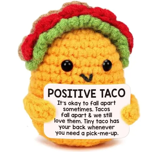 LUOHERE handmade orange crochet taco plush with positive message tag