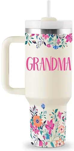 ROSTANTEN 40oz insulated tumbler with floral design and handle for grandma
