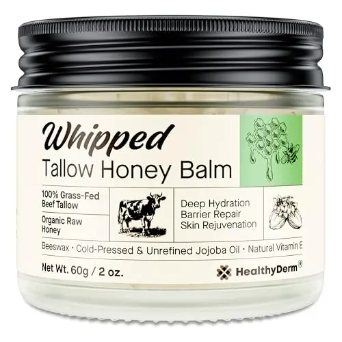 HealthyDerm Beef Tallow Honey Balm in a small jar