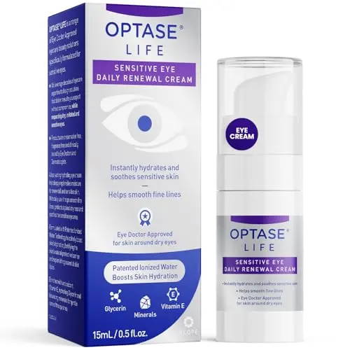 Optase LIFE Sensitive Eye Daily Renewal Cream in white and blue packaging