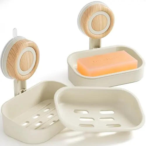 Beige two-layer suction cup soap dish with a wood-grain finish, mounted on a wall.