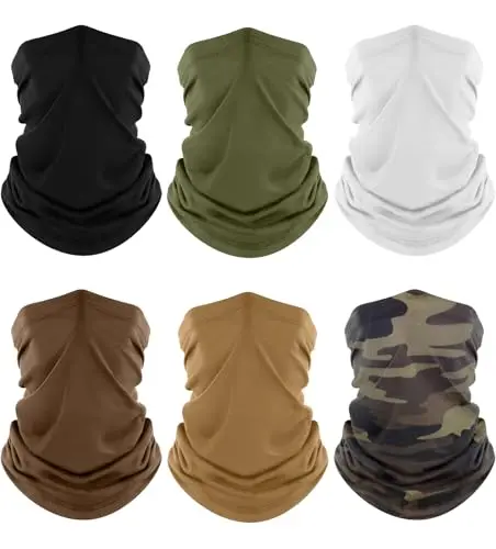 Fuinloth 6-pack of neck gaiters in assorted colors like black, green, camo, and sand