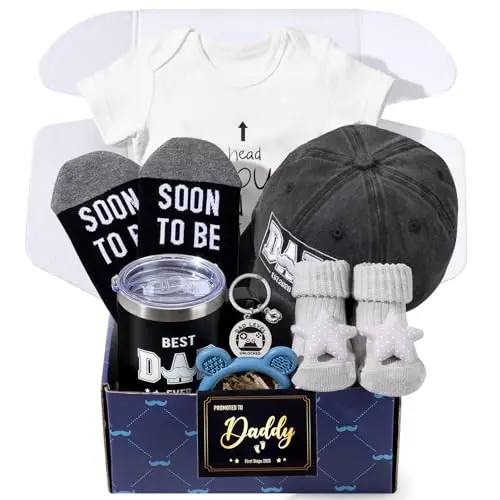 Assortment of items from the 2026 New Dad Gifts Box including tumbler, hat, onesie, and socks