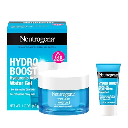Neutrogena Hydro Boost Water Gel jar with blue gel and a cleanser sample