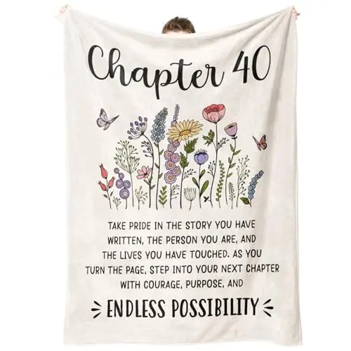 Cream-colored flannel throw blanket with 'Chapter 40' text and floral butterfly design