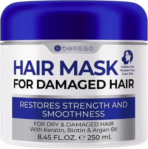 BELLISSO Hair Mask for Damaged Hair in a blue jar