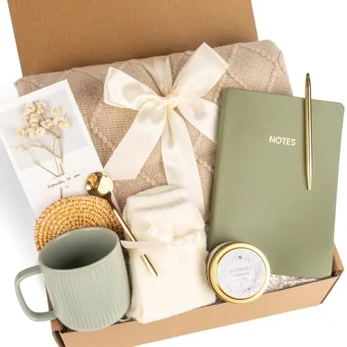 ANFORSUN mint green birthday gift basket featuring a knitted blanket, ceramic mug, and scented candle