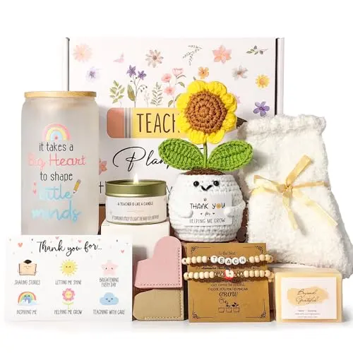 MHSMHL teacher gift basket with 16oz glass cup, crochet sunflower, bracelet, and candle