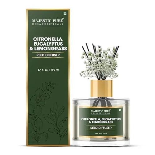 Majestic Pure clear glass reed diffuser with citronella, eucalyptus, and lemongrass scent
