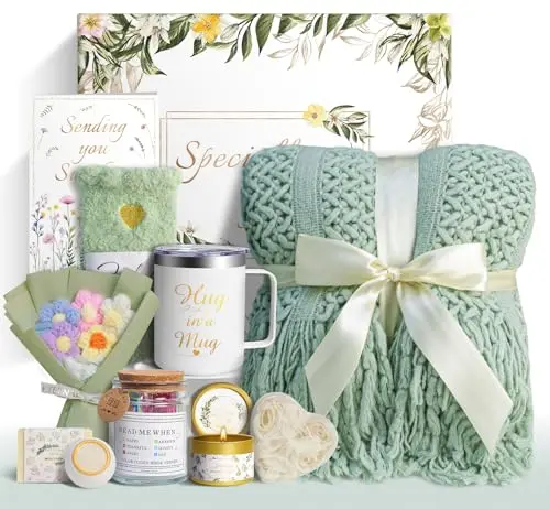 Sparkalyn sage green gift basket with a knitted blanket, Bible verse jar, and crochet flower bouquet.