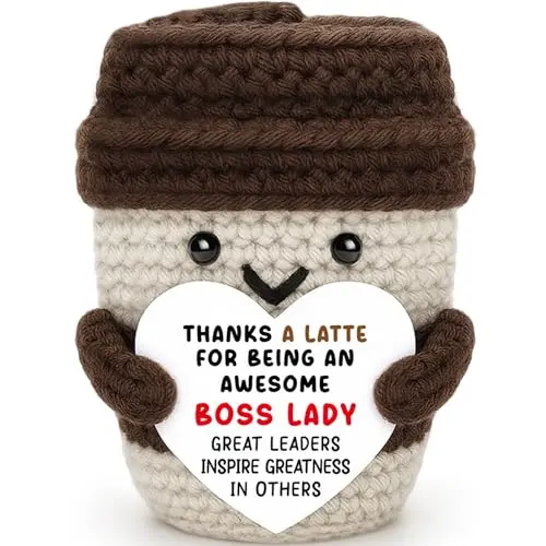 Handmade crochet coffee mug doll with 'Thanks a Latte' message for boss lady