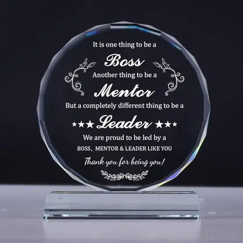 NABYSHOP K9 crystal plaque with 'Boss vs Mentor vs Leader' quote for desk