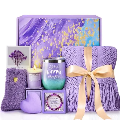 MADDIFY Lavender Self Care Gift Basket with knitted blanket, tumbler, candle, and bracelet