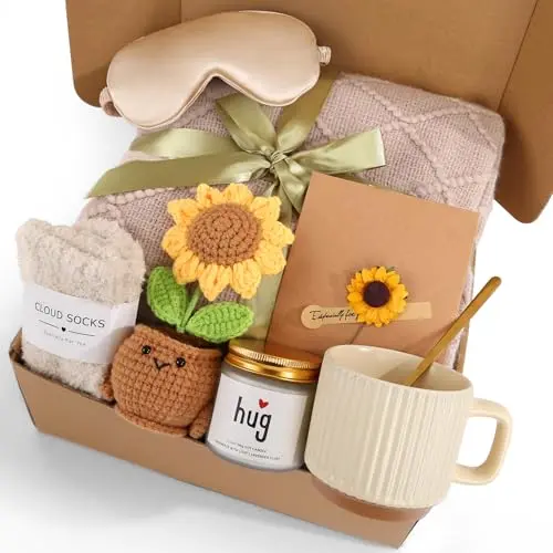 XKOYY sunflower-themed care package with a yellow knitted blanket, mug, and fuzzy socks