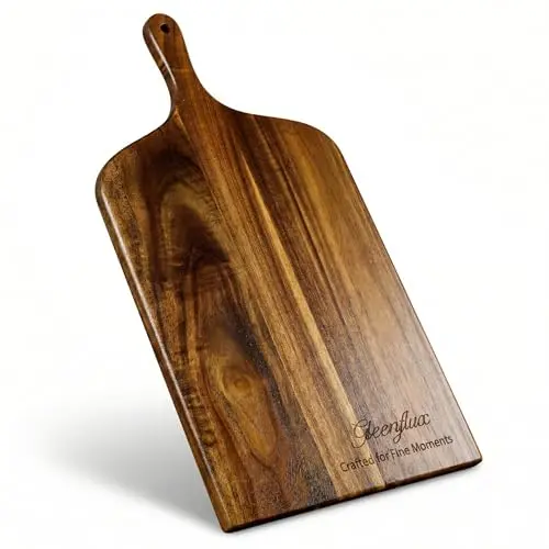 GleeNflux rectangular acacia wood charcuterie and cutting board with handle on a rustic table.