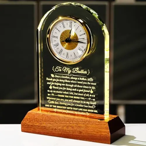 Glass quartz clock with engraved message and wooden light-up base for brother