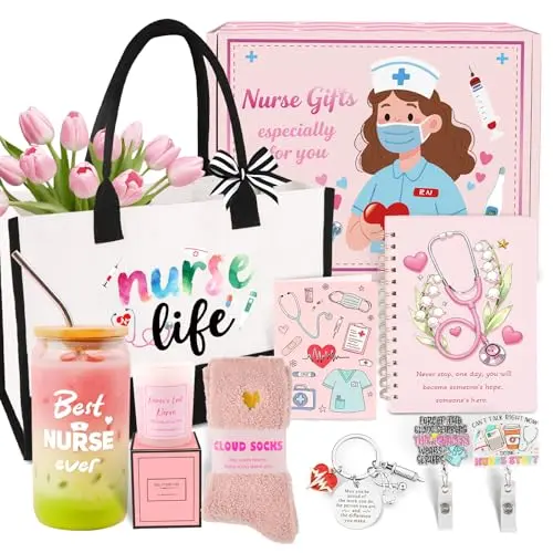 Pink gift box opened to reveal a nurse-themed tote bag, glass cup, notebook, socks, and candles