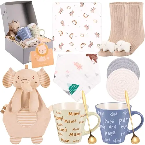 IUUIVV new parents gift basket with mugs, spoons, coasters, and baby essentials