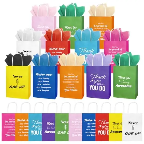 Tarevaniwa 100 piece set of colorful paper gift bags with handles and tissue paper