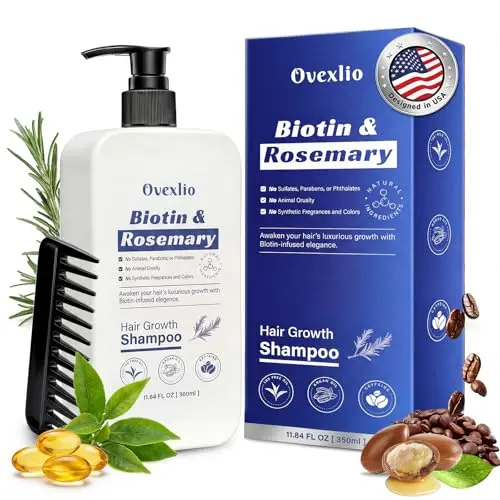 OVEXLIO Hair Growth Shampoo with Biotin and Rosemary bottle and comb