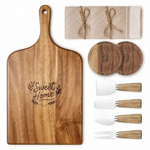 GleeNflux 9-piece acacia wood charcuterie board set with knives, coasters, and placemats arranged on a table.