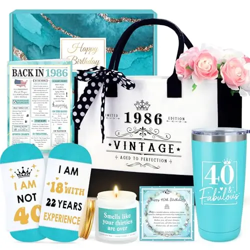 Elegant gift box containing a tote bag, tumbler, candle, bracelet, socks, and card for a 40th birthday